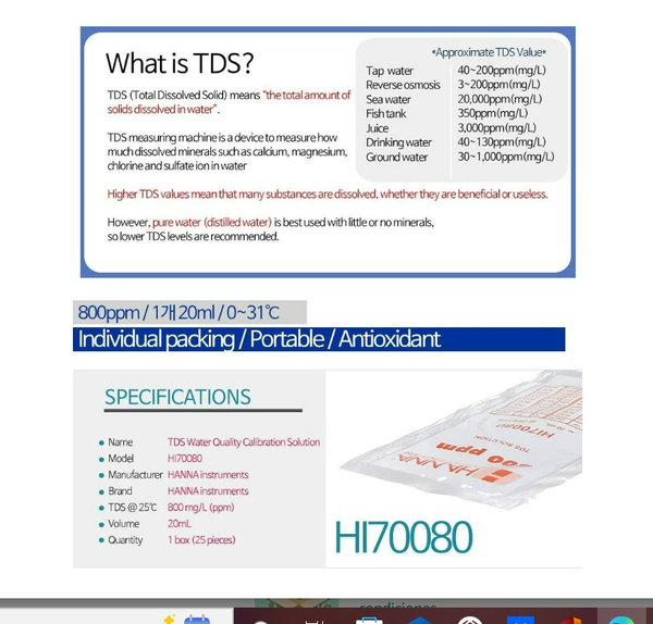 TDS HI70080 - Soluciones de calibración de la calidad del agua (25 piezas)